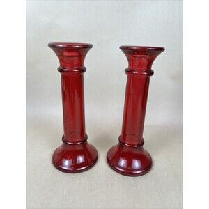 Set Of 2 Ruby Red Indiana Glass Candlesticks Christmas Farmhouse Traditional‎